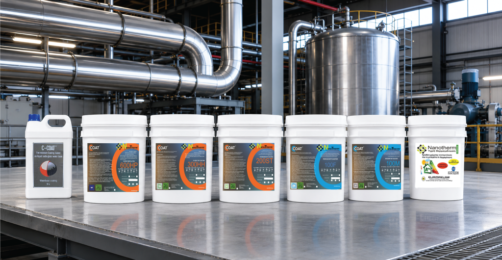NanoTherm coating product range presented against an industrial background